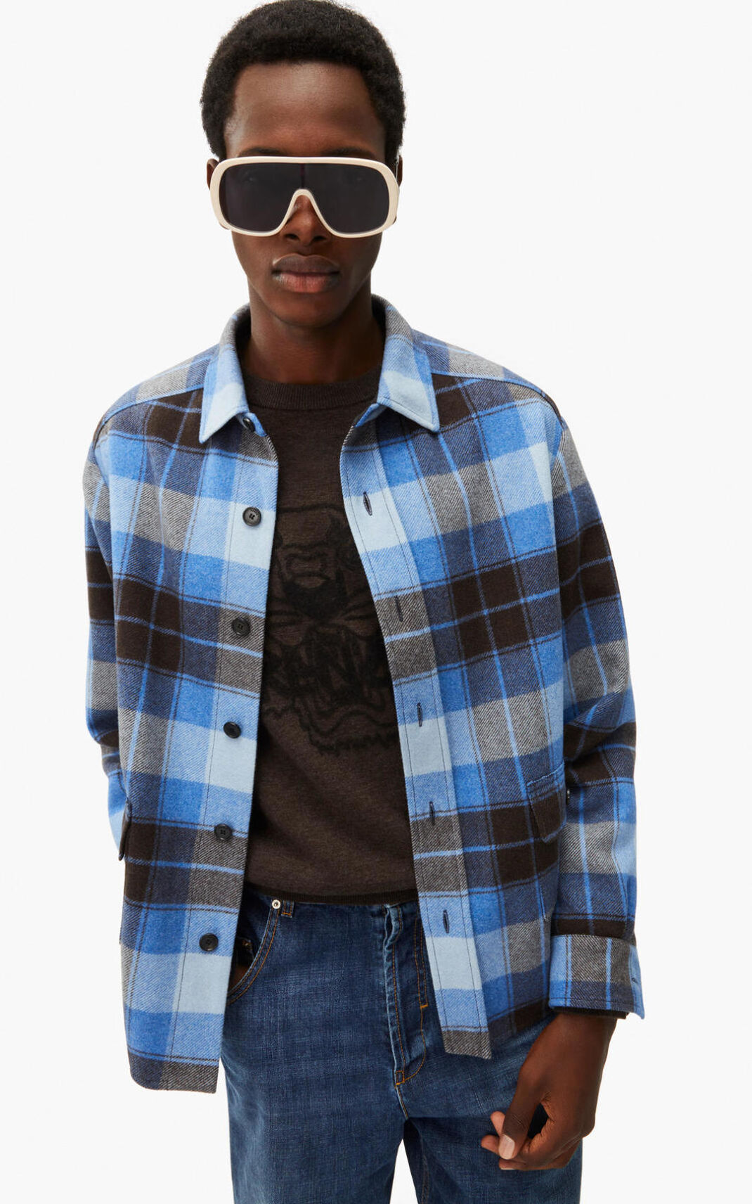 Chemise Kenzo Checked wool Homme Bleu | JKSZ-93465